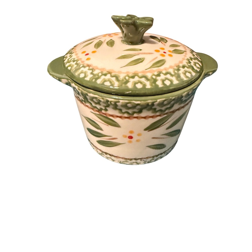 Temp-tations by Tara Old World Green 8 oz Lidded‎ Ramekin Hand Painted Ceramic